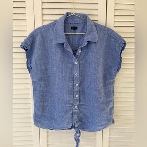 Talbots Blue Linen Button-Down Tie Front Short Sleeve Shirt Medium